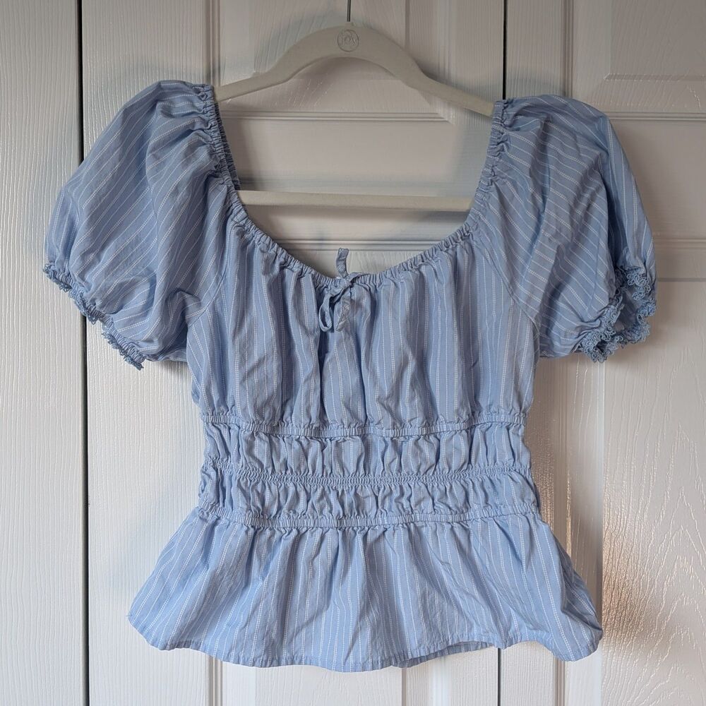 Celebrity Pink Blue Babydoll Milkmaid Blouse Top M Coastal Summer Beachy